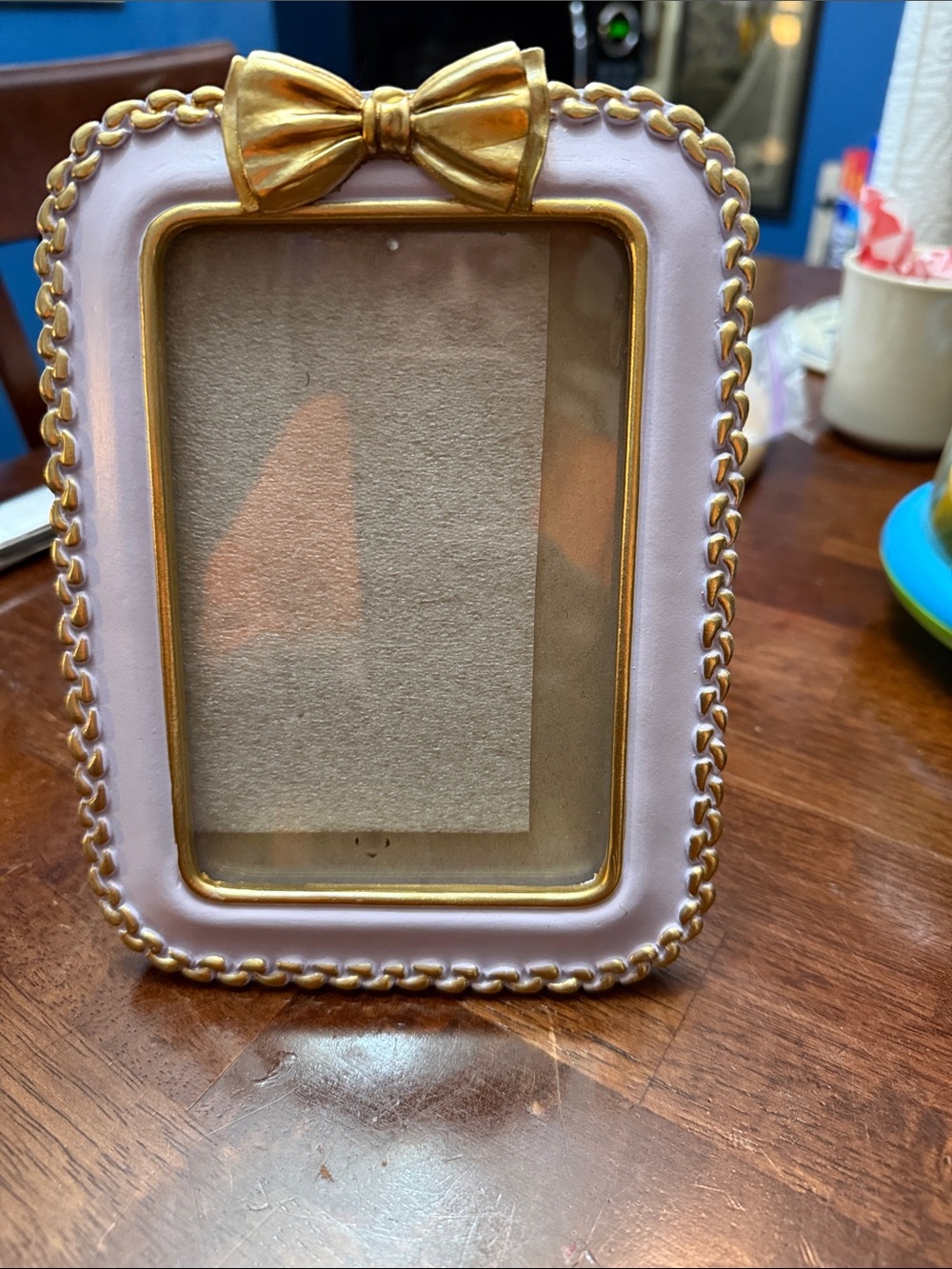 Gold-Trim Lilac Photo Frame with Bow Accent perfect for a girls room